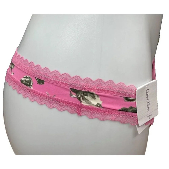 Calvin Klein XL Pink Rose Flower Print Scallop Lace Trim Thong Panties - Picture 3 of 5
